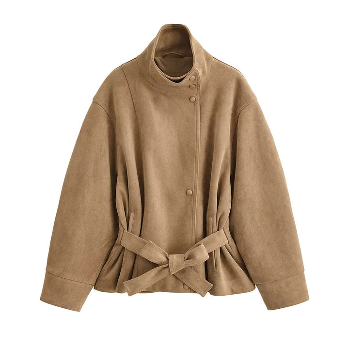 Damen Kurzjacke in Wildleder-Optik mit Stehkragen und Bindegürtel Echo Archiv