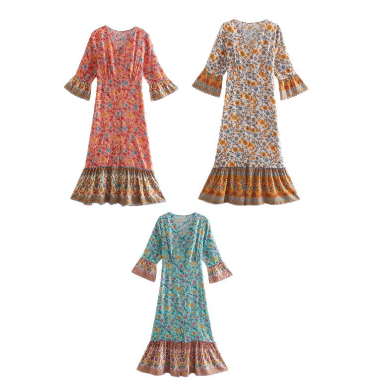 Damen Boho-Maxikleid mit V-Ausschnitt, taillierten Abnähern und Volantärmeln Echoarchiv