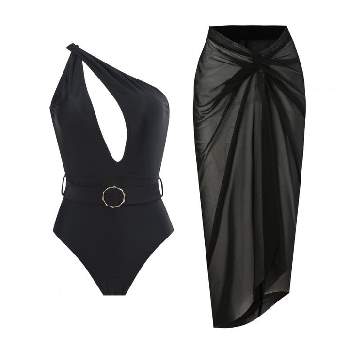 Damen Einteiliger Badeanzug mit asymmetrischem Schnitt und Wickelrock Echo Archiv