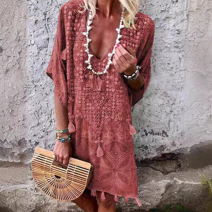 Damen Boho-Chic Kaftan mit V-Ausschnitt und Tassel-Details Echoarchiv