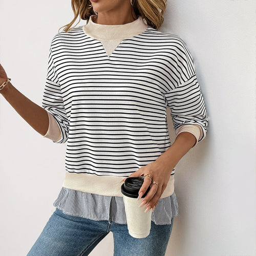 Damen Gestreiftes Layering-Sweatshirt mit Chiffon‑Einsatz und kontrastierendem Stehkragen Echoarchiv