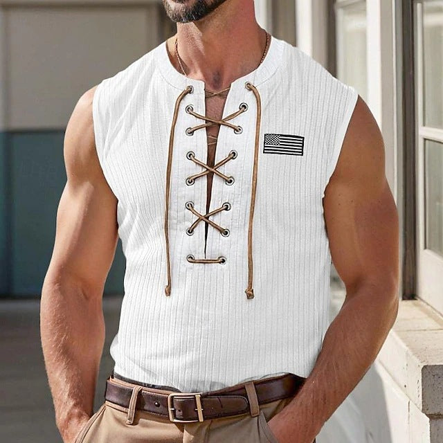 Herren Muskelshirt mit Schnürung und gesticktem Flaggenmotiv Echoarchiv