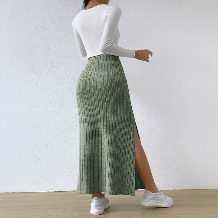 Damen gerippter Midirock mit hohem Bund und figurumspielender A-Linie – Rosévia