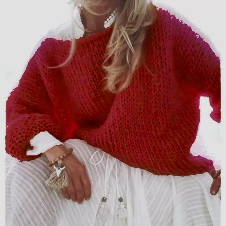 Damen Kurzgeschnitteter flauschiger Grobstrickpullover mit überschnittener Schulter – Mavelle