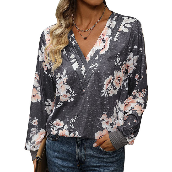 Damen Lässiges V‑Neck Sweatshirt mit floraler Aquarell-Print und gerippten Bündchen Echoarchiv