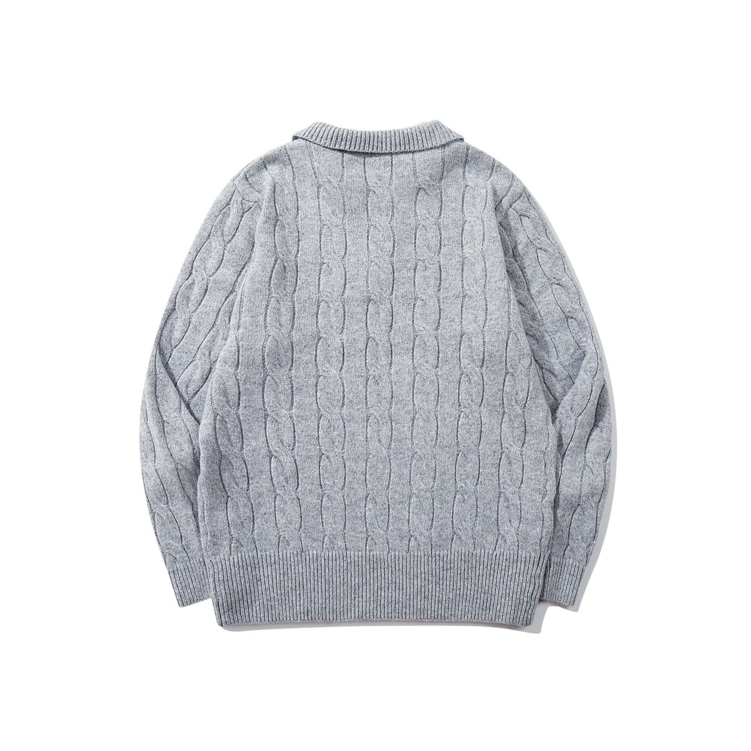 Unisex Strukturiertes Zopfstrick-Pullover mit Polokragen und tiefem V‑Ausschnitt Echoarchiv