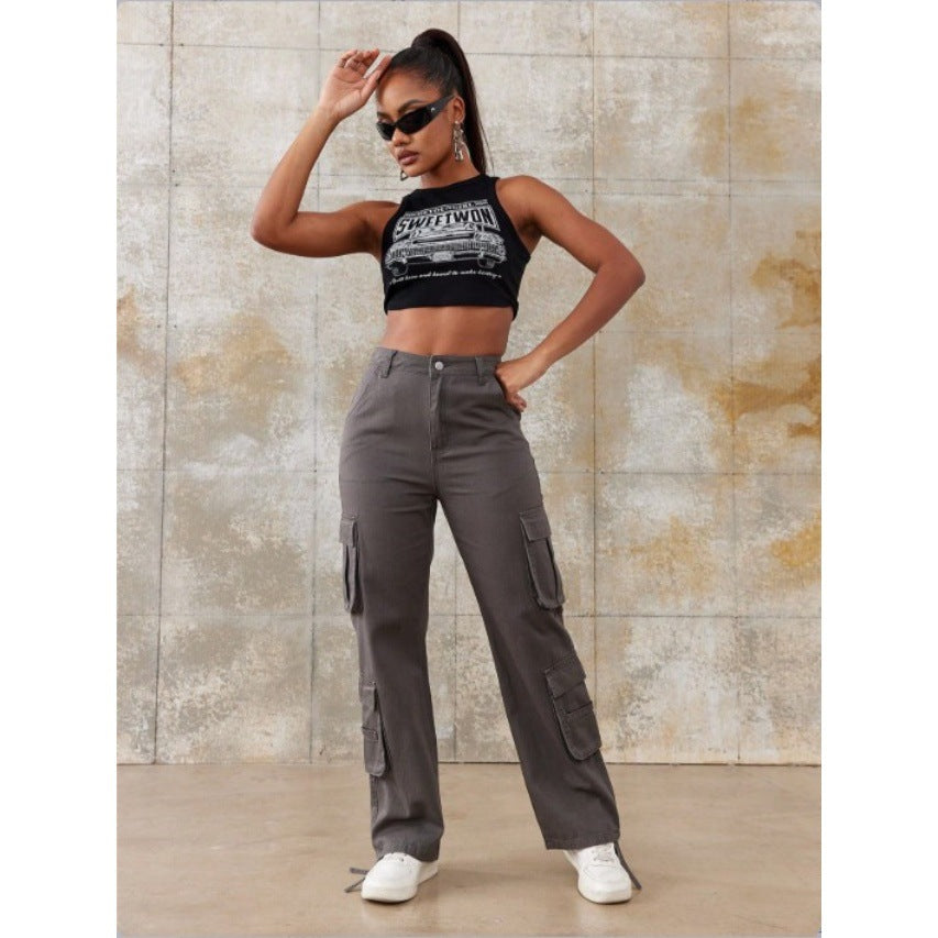 Damen Hochtaillierte Utility-Cargo-Hose mit geradem Bein, Mehrfach-Pattentaschen & verstellbarem Saum Echo Archiv