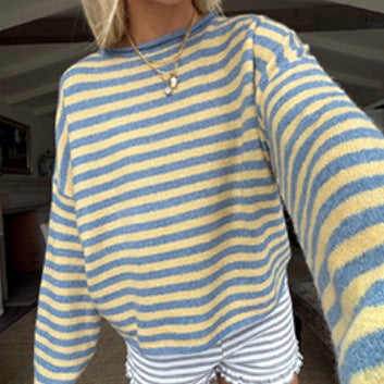 Damen Oversize Flauschiger Streifenpullover mit Boot-Ausschnitt Echoarchiv
