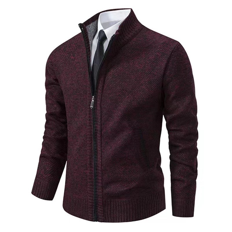 Herren nan melierte Strickzipjacke mit hohem Stehkragen, feiner Struktur und verdeckten Eingrifftaschen Echo Archiv