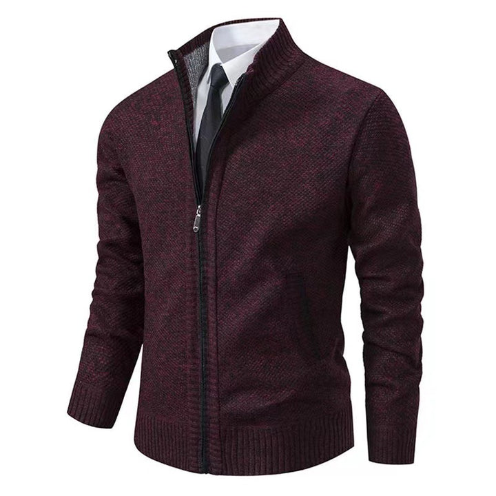 Herren nan melierte Strickzipjacke mit hohem Stehkragen, feiner Struktur und verdeckten Eingrifftaschen Echo Archiv