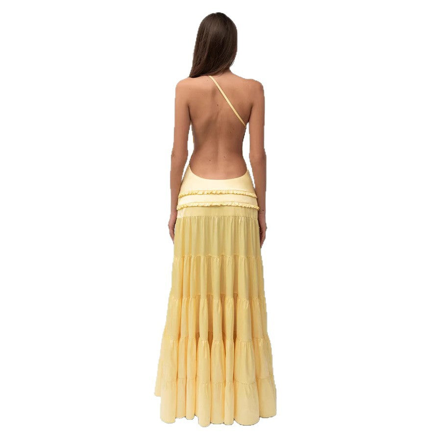 Damen elegantes asymmetrisches Maxikleid mit Rüschendetails Echo Archiv