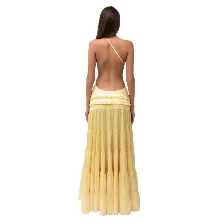 Damen elegantes asymmetrisches Maxikleid mit Rüschendetails Echo Archiv