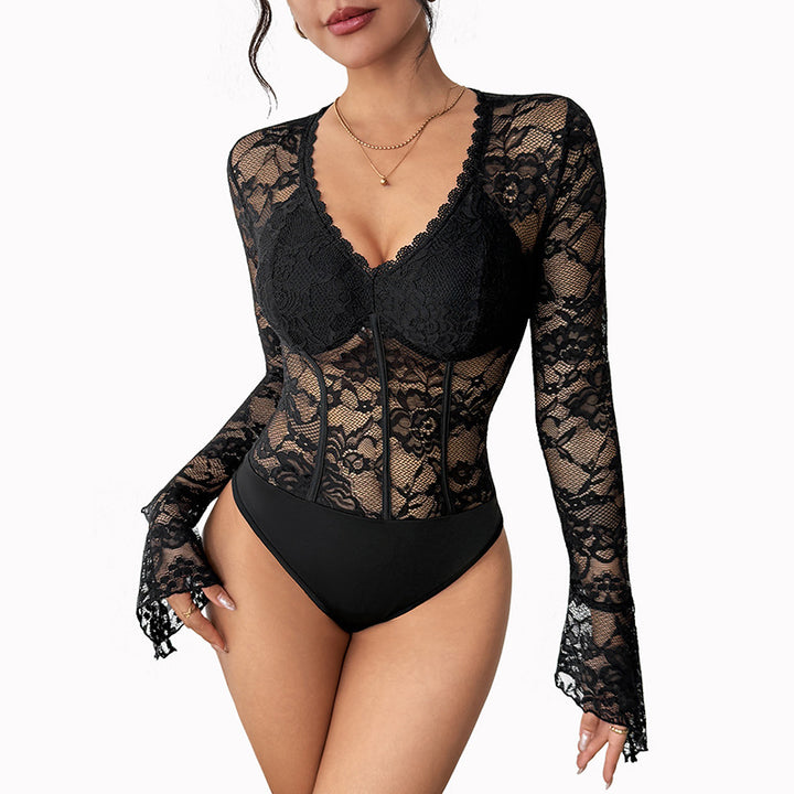 Damen Taillierter Spitzen-Corset-Body mit V-Ausschnitt, langen Trompetenärmeln und formenden Bügeln Echoarchiv