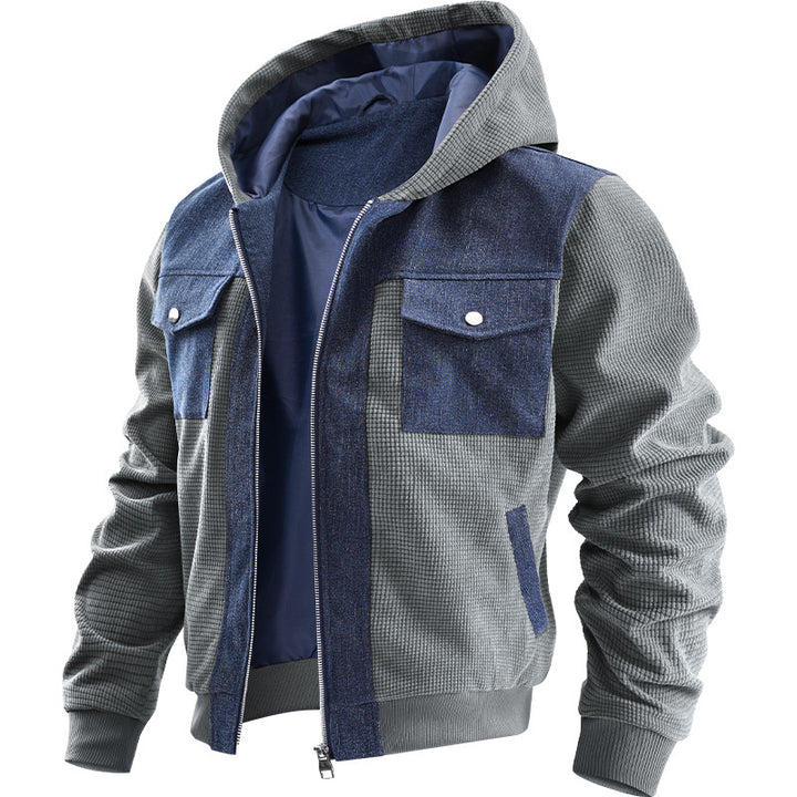 Herren  Hybrid Kapuzen-Waffelstrick- und Denim-Panel-Bomberjacke Echo Archiv