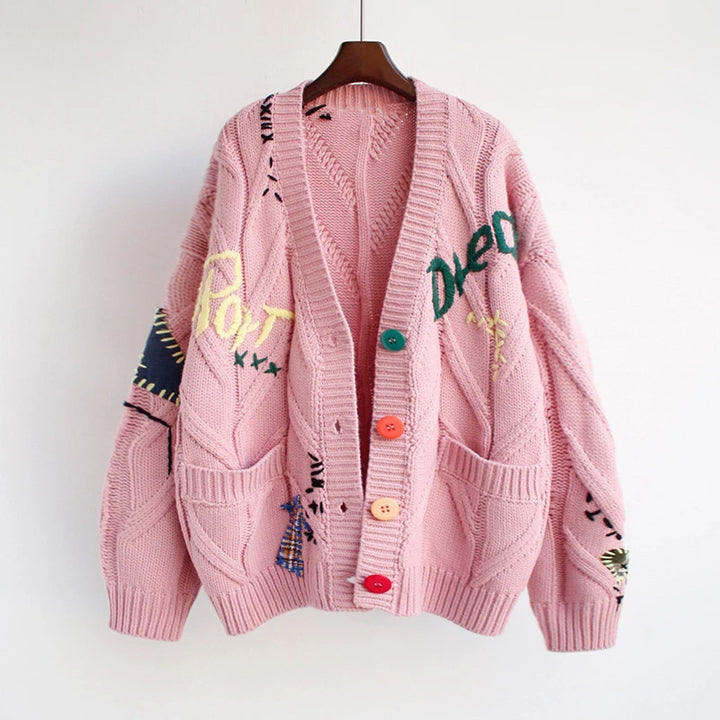 Damen Modischer Strickcardigan mit bunten Knöpfen und aufwendigen Details – Veloura