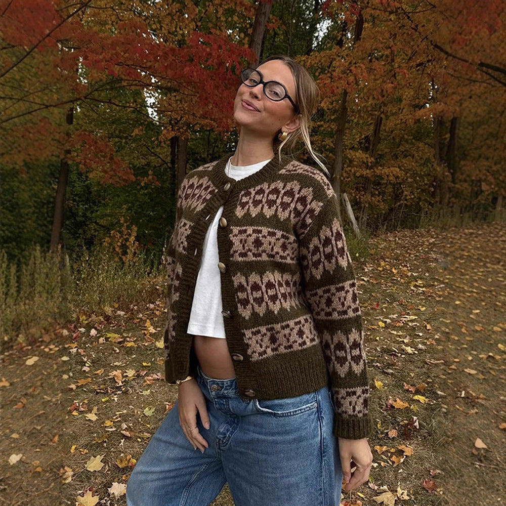 Damen Norwegermuster-Strickjacke mit Knopfleiste und geripptem Saum Echoarchiv