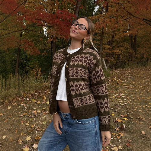 Damen Norwegermuster-Strickjacke mit Knopfleiste und geripptem Saum Echoarchiv