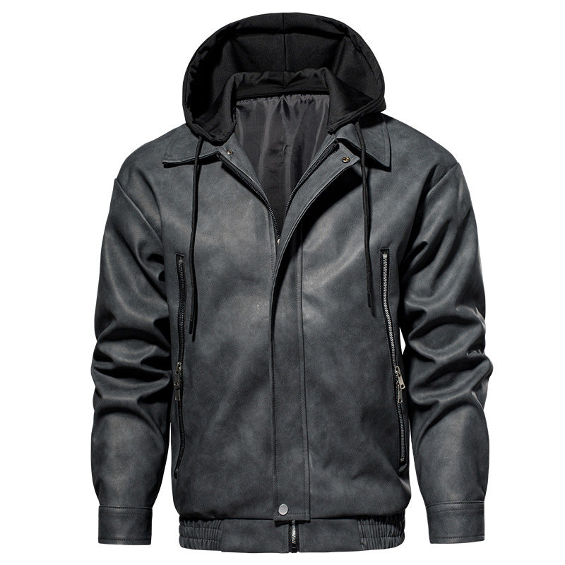Herren Kunstlederjacke mit abnehmbarer Kapuze und elastischem Bund Echoarchiv