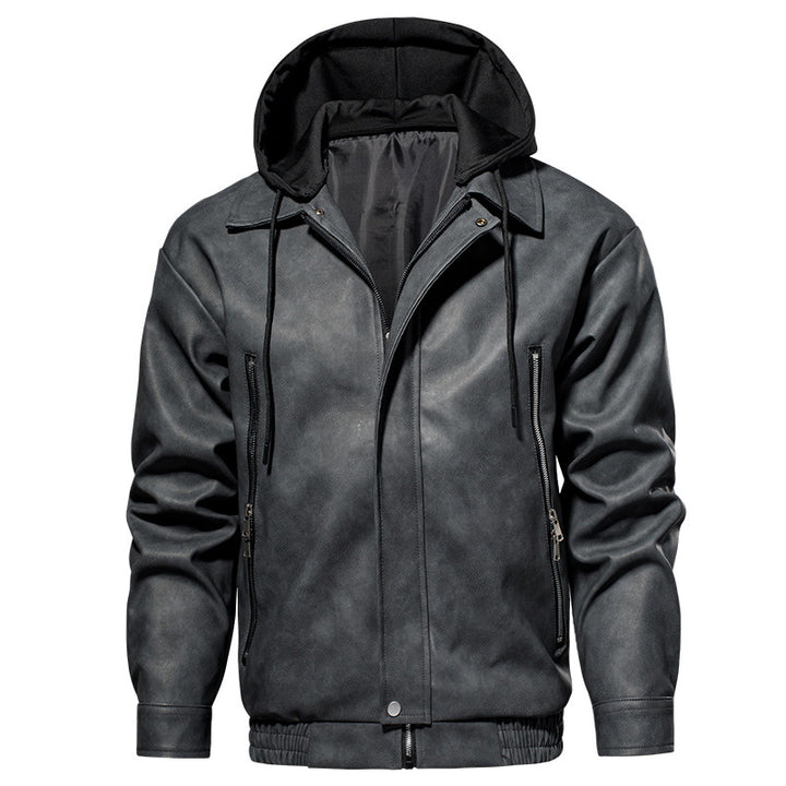 Herren Kunstlederjacke mit abnehmbarer Kapuze und elastischem Bund Echoarchiv
