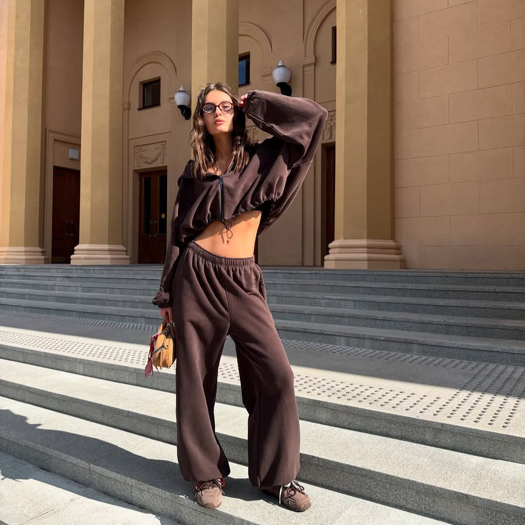 Damen oversized Kapuzenjacke mit Reißverschluss und weiten Jogginghose Lounge-Set – Auréline