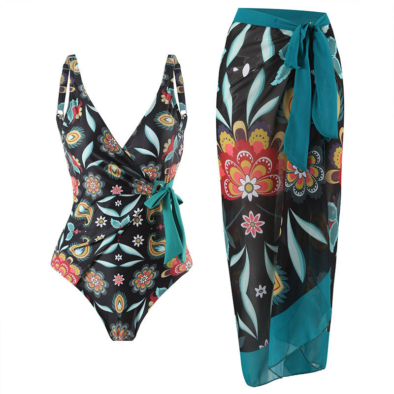 Damen Einteiler Badeanzug mit floralem Wickelrock Echo Archiv