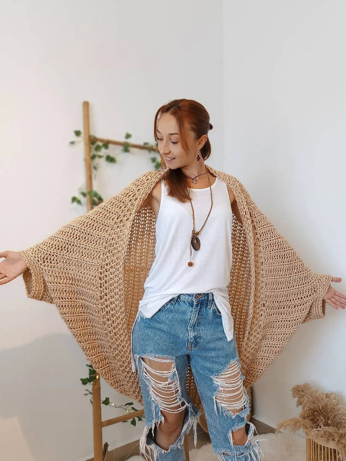 Damen Oversized gehäkelter Poncho Schal aus grobem Strick Drune