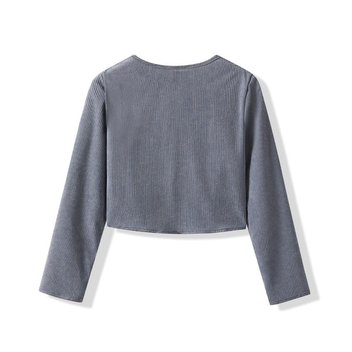 Damen Cropped Rundhals-Cardigan mit Druckknöpfen aus geripptem Strick – Veloura