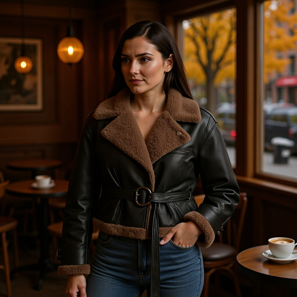 Damen Kurze Fliegerjacke aus Kunstleder mit Teddyfell-Kragen und Taillengürtel Echo Archiv