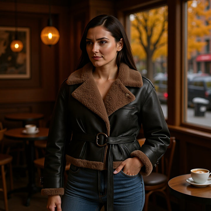 Damen Kurze Fliegerjacke aus Kunstleder mit Teddyfell-Kragen und Taillengürtel Echo Archiv