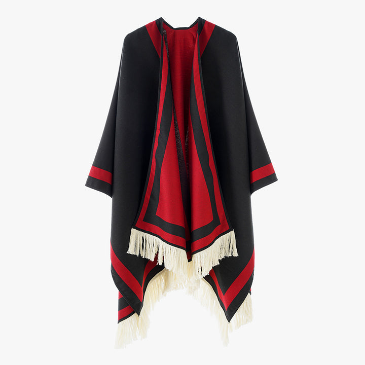 Damen Gefütterter Oversize‑Capeponcho im Kimono‑Schnitt mit Kontrastbordüre und Fransensaum – Célinea
