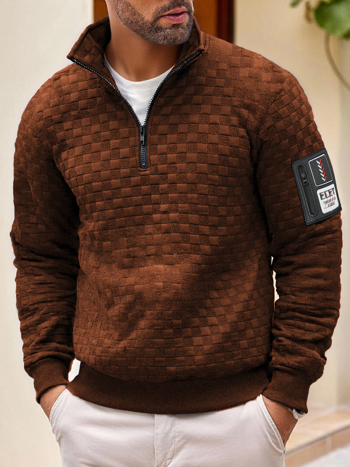 Herren strukturierter Stehkragen-Halbzip-Pullover mit Karosteppung, elastischen Bündchen und Ärmel-Patch – Norvane