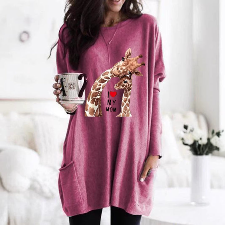 Frauen Übergroße Sweatkleid mit Giraffenmuster, Rundhalsausschnitt und Seitentaschen Echoarchiv