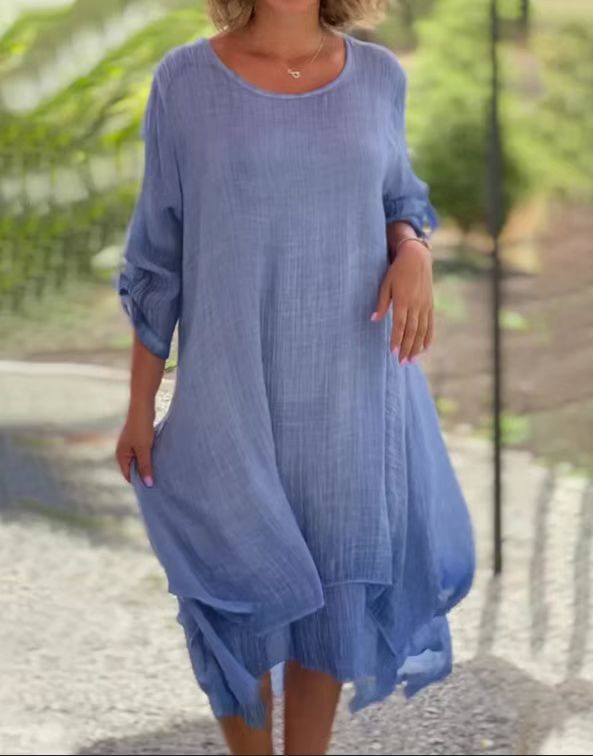 Damen nan weites Musselin-Lagenmidikleid mit A-Linie und aufkrempelbaren Ärmeln Echo Archiv