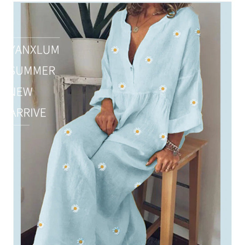 Damen Langes Leinenoptik Maxikleid mit tiefem V‑Ausschnitt, lockerer Empire‑Taillierung und Margeritenprint – Valéora