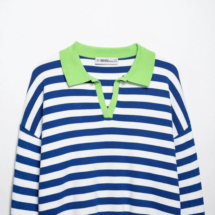 Damen Gestreifter Cropped‑Polo‑Pullover aus Feinstrick mit Ballonärmeln Echoarchiv