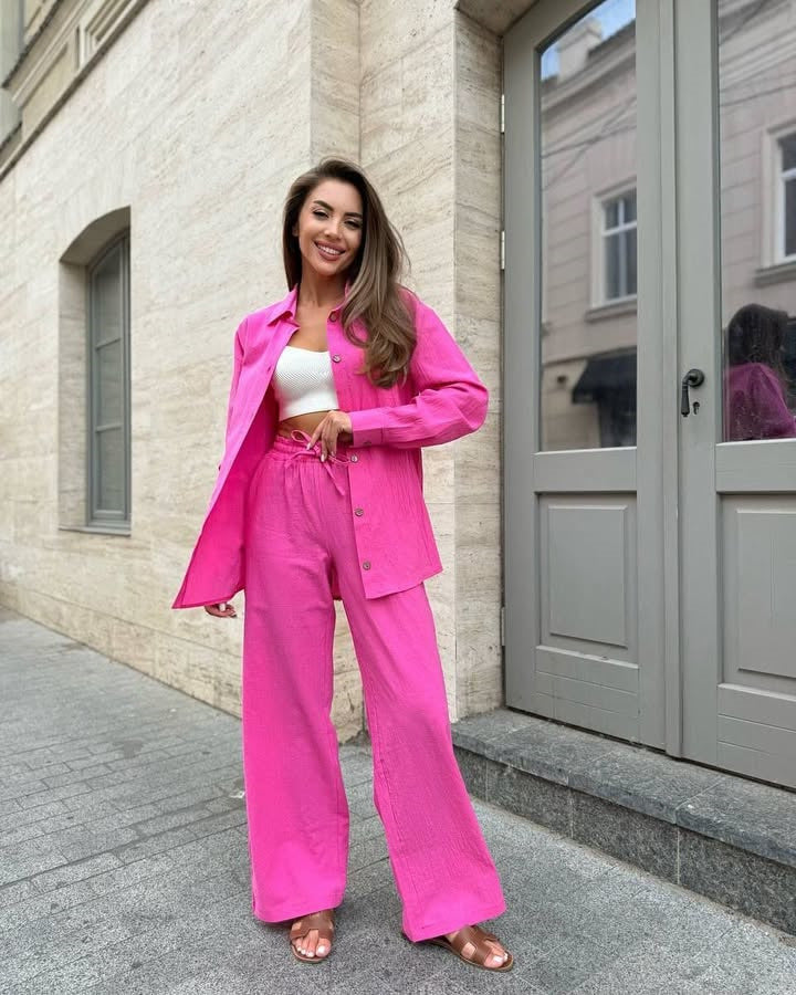 Damen Leichter Leinen-Zweiteiler mit oversized Hemd und High‑Waist Palazzohose – Élanora