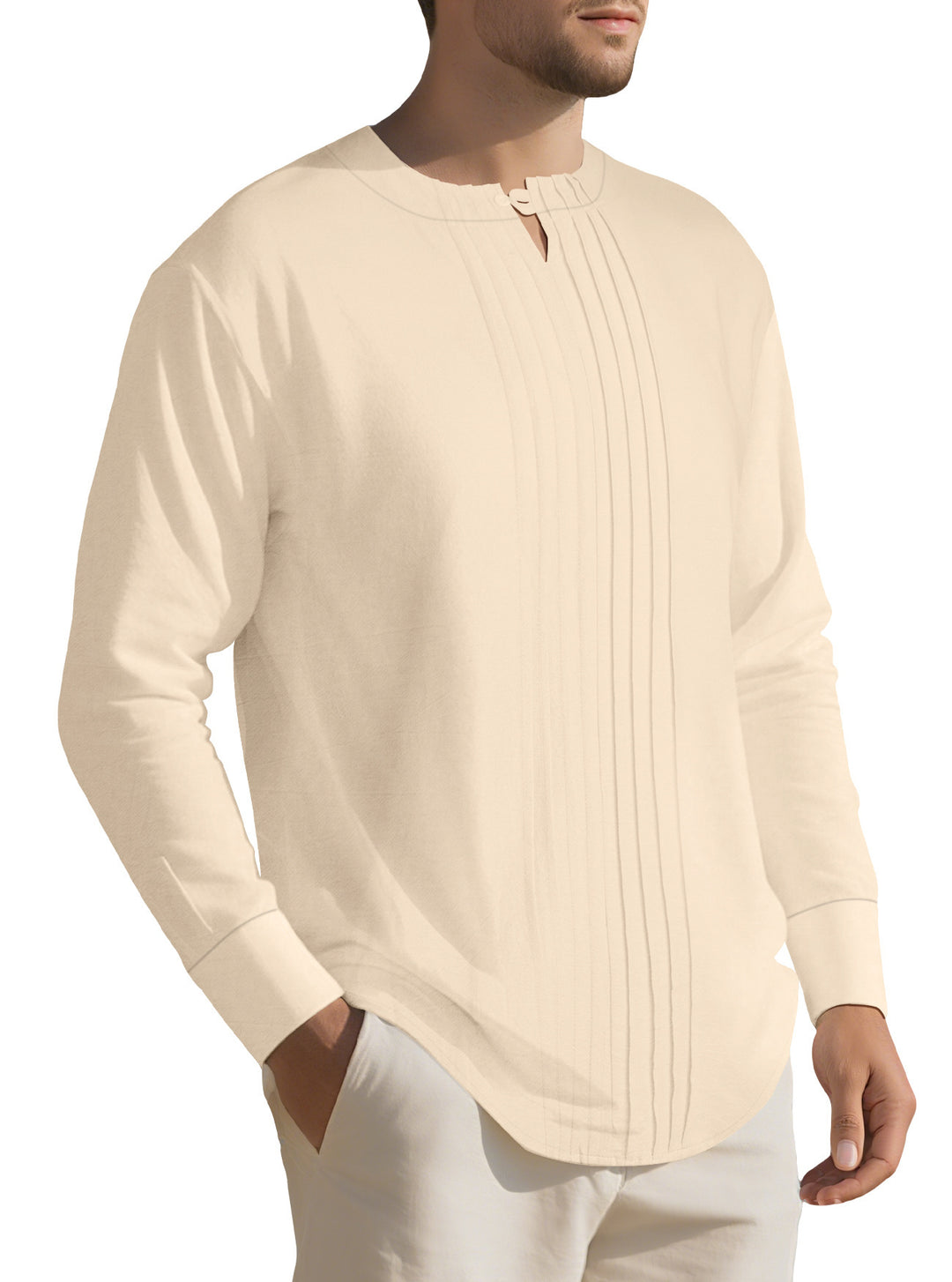 Herren Leichtes Langarmshirt im Leinenlook mit Stehkragen, Kellerfalten und Schlaufenverschluss Echoarchiv