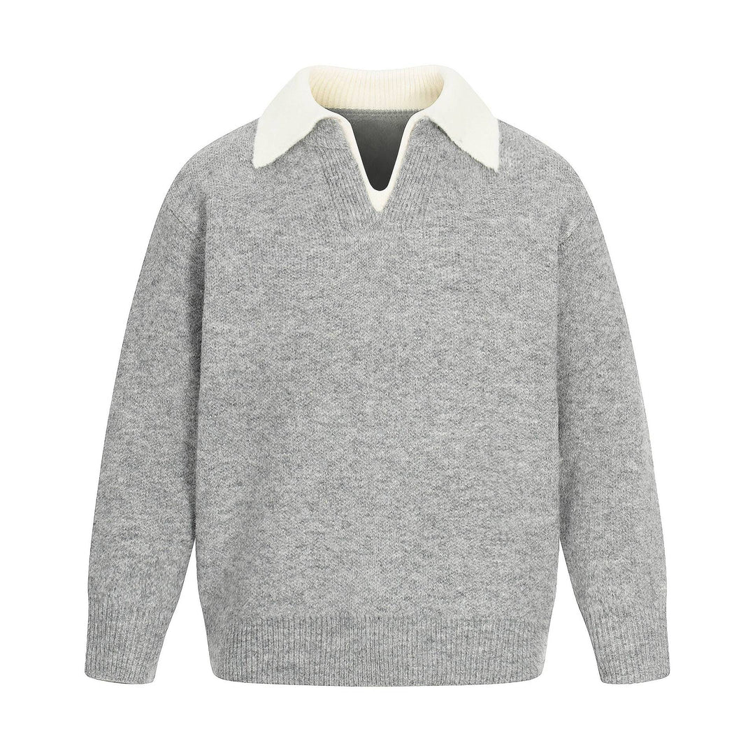 Damen Oversize Wollmix-Pullover mit kontrastpolokragen und V‑Ausschnitt Echoarchiv