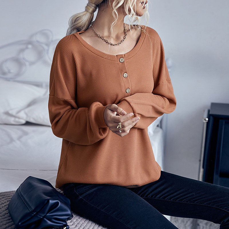 Damen Waffelstrick-Pullover mit Henley-Knopfleiste und überschnittener Schulter Echoarchiv