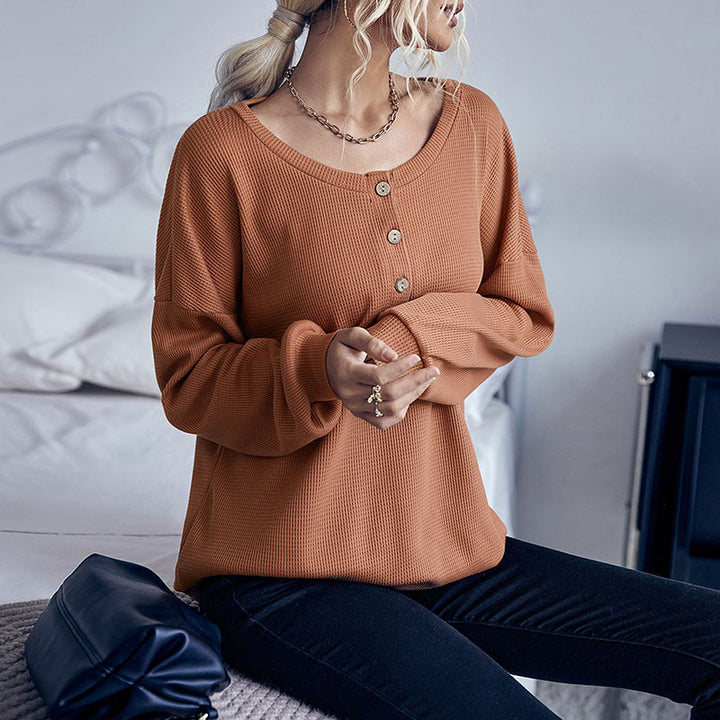 Damen Waffelstrick-Pullover mit Henley-Knopfleiste und überschnittener Schulter Echoarchiv