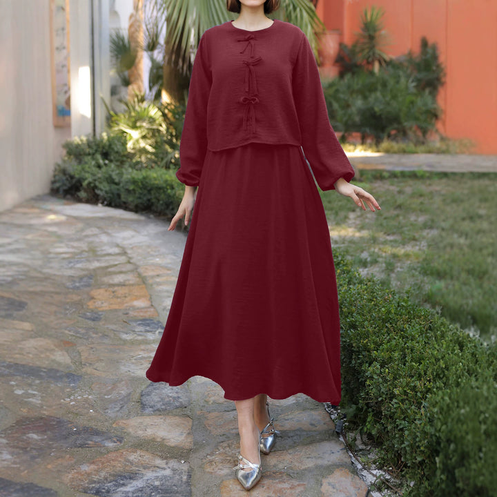 Damen Langes Zweiteiliges Maxikleid mit Überwurf, Rundhals und Zierknoten – Valéora