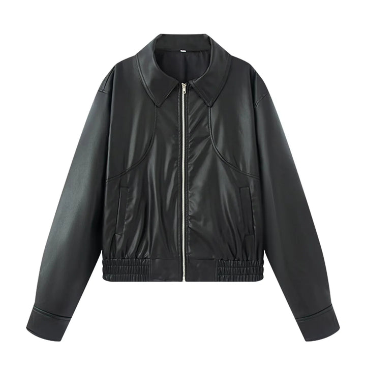 Damen nan Oversize Kunstlederjacke im Bomberstil mit Hemdkragen, kontrastierender Materialoptik und elastischem Saum Echo Archiv