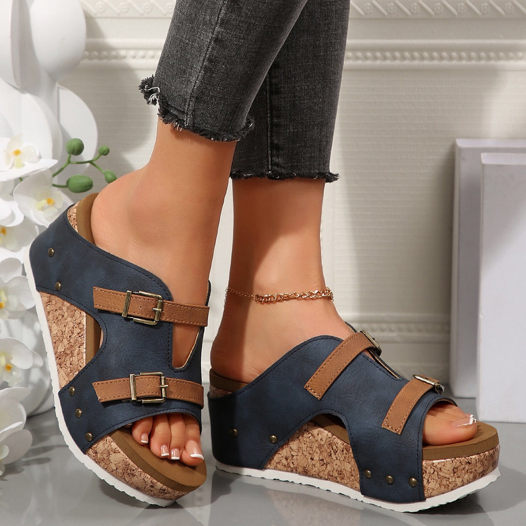 Damen Keil-Pantolette mit Korkplateau, verstellbaren Doppelriemen und gepolstertem Komfortfußbett – Sorelia