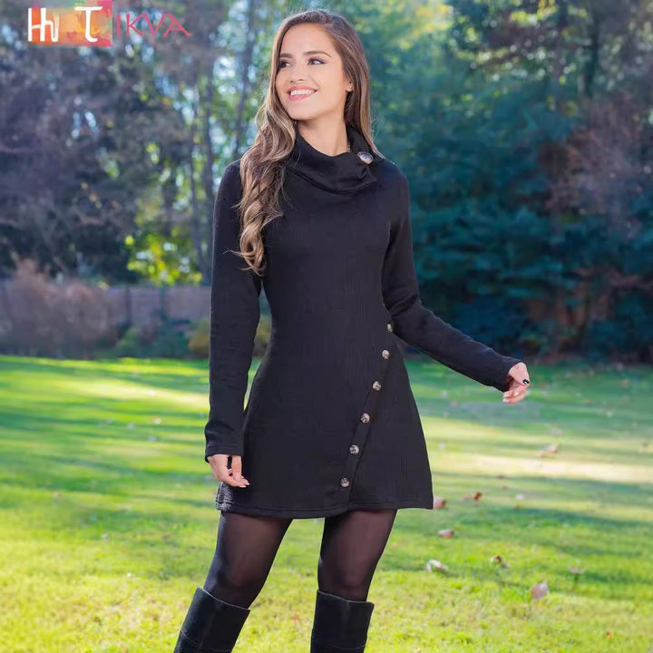 Damen nan figurbetontes A-Linien Strickkleid mit asymmetrischer Zierknopfleiste und hohem Kragen Echo Archiv