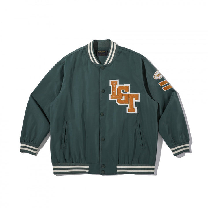 Unisex College-Bomberjacke mit gestepptem Patch, gestreiften Rippsäumen und Druckknopfleiste Echo Archiv