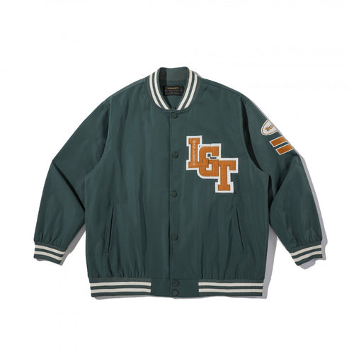 Unisex College-Bomberjacke mit gestepptem Patch, gestreiften Rippsäumen und Druckknopfleiste Echo Archiv