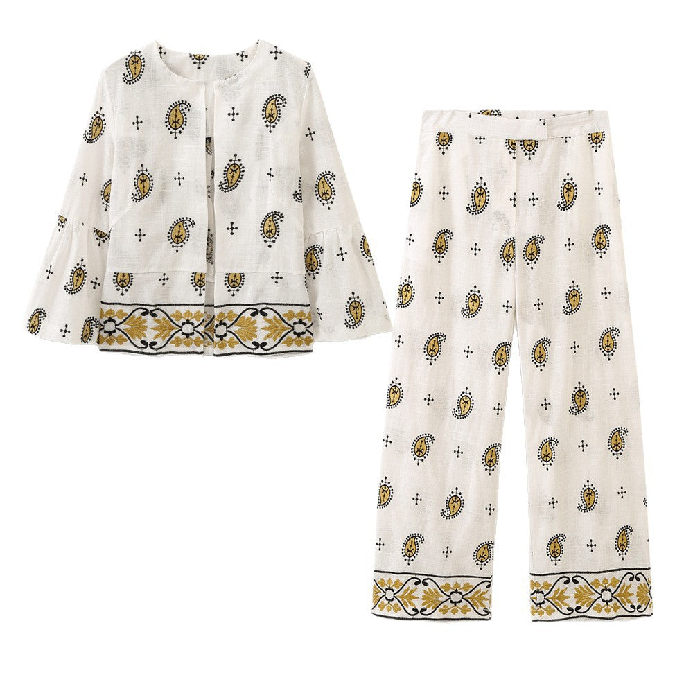 Damen Weite Leinenhose mit Paisley‑Print und besticktem Saum Echoarchiv