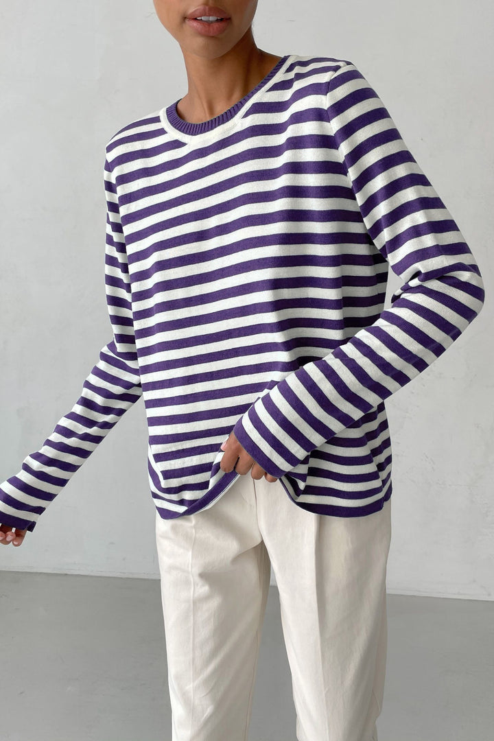 Damen nan gestreifter Baumwollpullover mit Rundhals und legerer Passform Echo Archiv