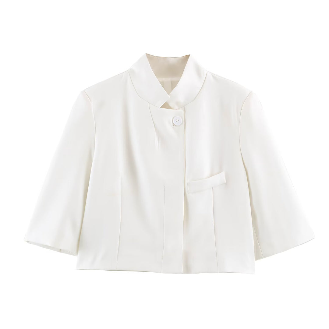 Damen Elegante Cropped-Jacke mit Stehkragen, verdeckter Knopfleiste und 3/4-Ärmeln Echo Archiv