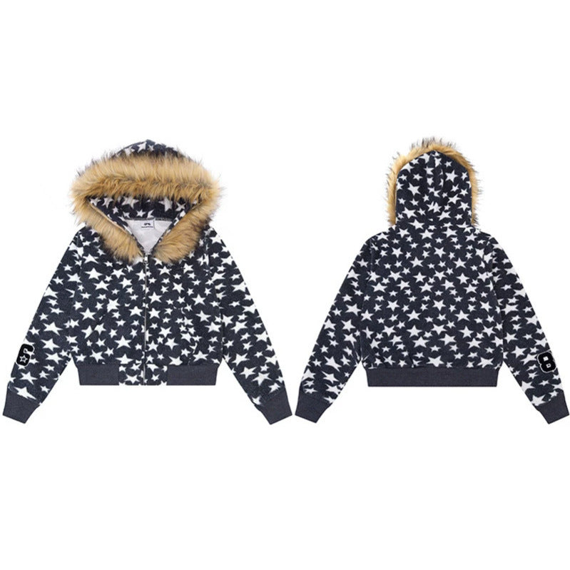 Damen Kapuzen-Sherpajacke mit Sternenprint, Reißverschluss und Kunstpelzbesatz Echoarchiv